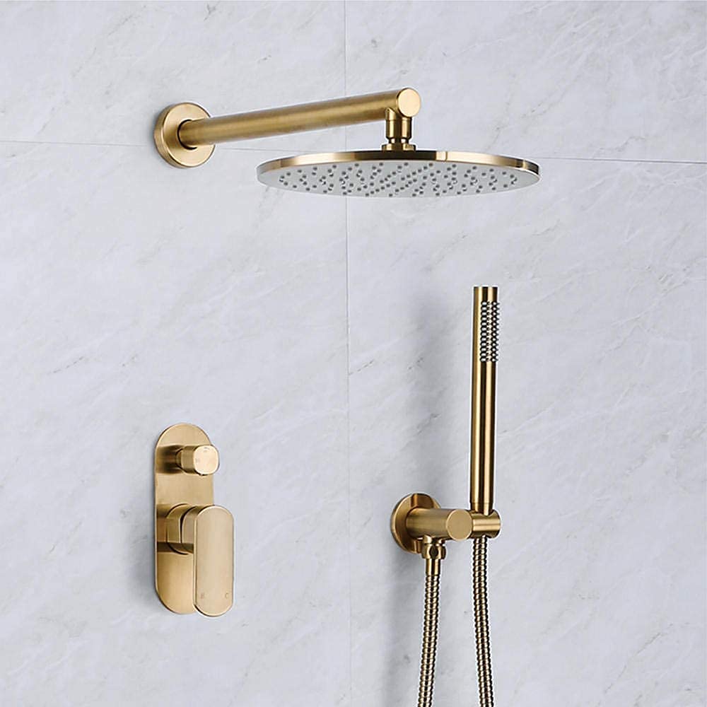 Mitigeur de douche encastré doré mat avec ciel de pluie rond chic