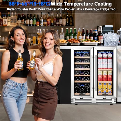 BODEGA 24 Inch Wine and Beverage Refrigerator, Dual Zone Wine and Bar Beverage Cooler, Commercial Black Bar Cooler With 2 Glass Doors, Bar Fridge Hold 19 Bottles and 57 Cans,Built-In or Freestanding. on Fridge.com