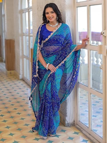 Image of SIRIL Women's Bandhani Printed Embroidery Georgette Saree with Unstitched Blouse Piece
