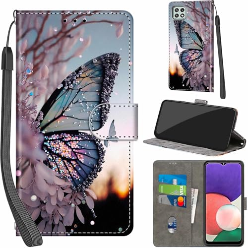 PHINIENLAND Cover per Samsung Galaxy A22 5G Case PU Pelle Custodia [Kickstand] [Chiusura magnetica] [Slot per Schede], Portafoglio Flip Custodia per Samsung A22 5G,Farfalla