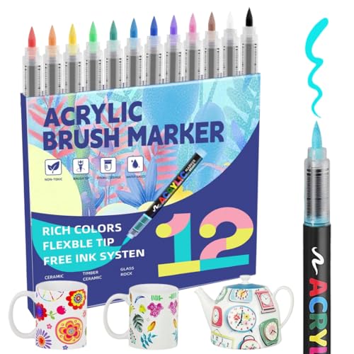 YAYNO Lot de 12 stylos en porcelaine - Passe au lave-vaisselle - Pour peinture en céramique - Couleur porcelaine - Stylos à peinture pour verre imperméable - Passe au...