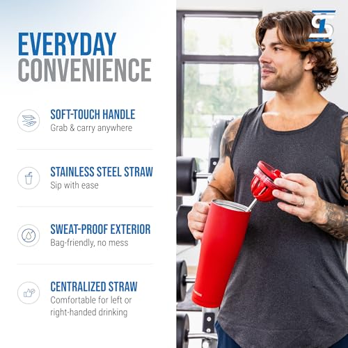 Image of Ice Shaker 40 oz Tumbler with Handle and Straw | 40oz Red | Cold for 30+ Hours | 2-in-1 Tumbler Shaker Bottle | Odor-Free 40 ounce Bottle for Water, Protein Shakes, Smoothies, Cocktails