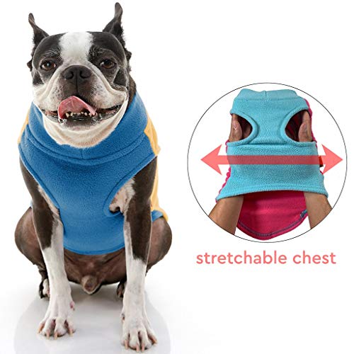 Image of Gooby Half Stretch Fleece Vest Dog Sweater, Honey Mustard, Large | Soft warm fleece; Stretch fleece bottom; Two-tone colors; Back D-ring for short walks