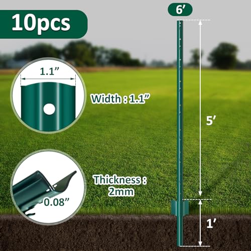 YXJSTO Sturdy Duty Metal Fence Post 6 Feet, Garden U Post for Fencing, Pack of 10, Green Fence Posts for Wire Fencing