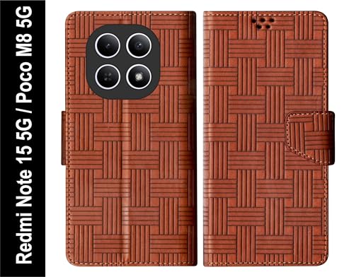 Image of SBMS Flip Cover for Redmi Note 15 5G Poco M8 5G Back Cover Case with Magnatic Closure | Genuine Leather Finish | Inbuilt Stand | Card & Money Pocket | Wallet Style Flip Back Case Cover (Mat Tan)