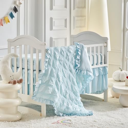Image of Ruffled Crib Bedding Set Baby Boho Quilted Comforter with Fitted Sheet and Bed Skirt - Cute Soft Breathable Seersucker Ruffled Shabby Chic Bedding Soft Blanket Design - Blue