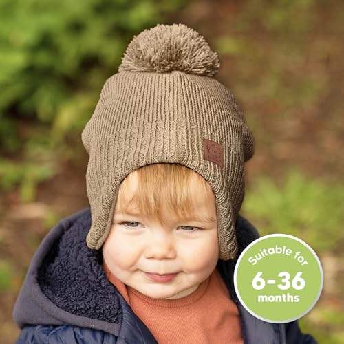Image of Baby Beanie Winter Hat 6-36 Months - Cute Pom Winter Baby Hats with Earflaps, Soft & Stretchy Knit Toddler Beanies for Infant, Newborn 6-36 Months Boys, Girls, Cozy, Warm Fall Essentials (Taupe, M)