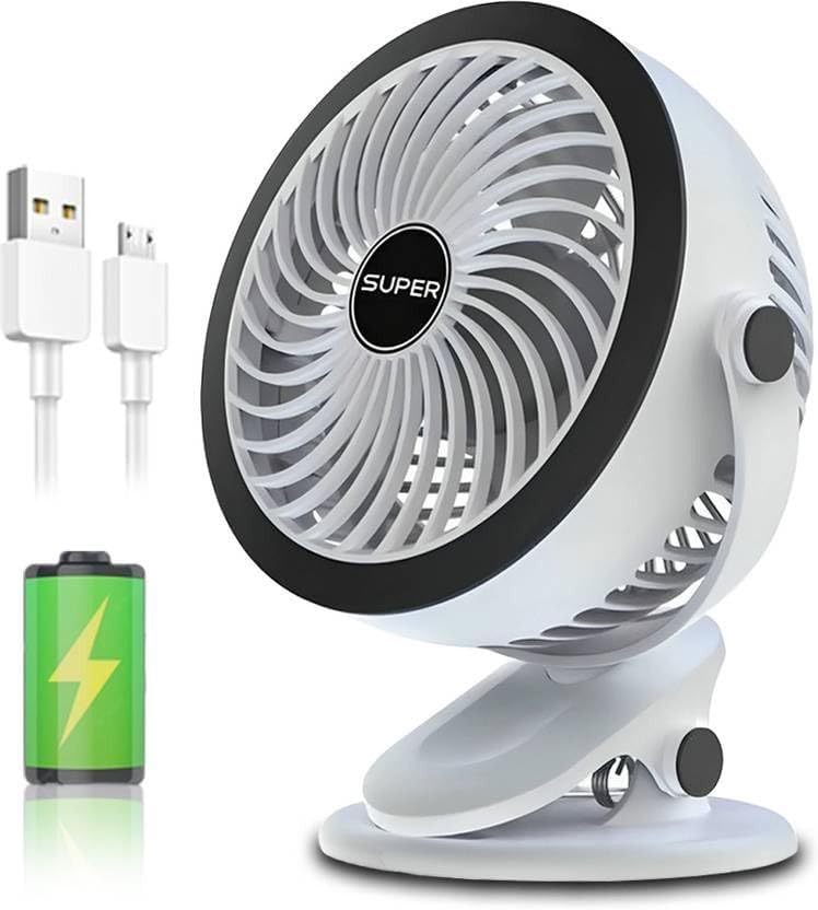 Image of Portable Rechargeable USB Clip Fan with Strong Airflow & Quiet Operation | Mini Desk Fan for Home, Office, Travel & Outdoor Use | Adjustable Personal Cooling Fan | White & Black