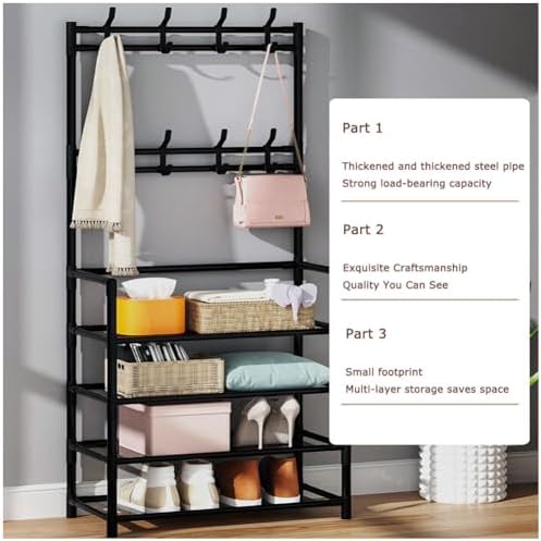 Multifunctional Coat Rack with Shoe Storage Sturdy and Stable Entryway Organizer Open Hooks for Hallway Bedroom Living Room 154cm Black image 3