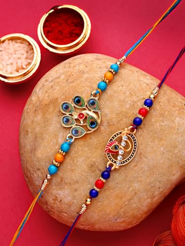 Image of Sukkhi Rakhi Trendy Floral Design Gold Plated AD Stones & Pearls Combo Rakhi for Brother with Roli Chawal & Greeting Card| Set of 2