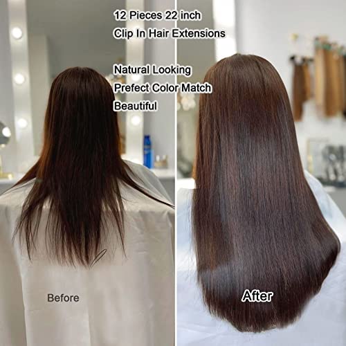 JIAMEISI 22 Inch Clip in Hair Extensions Long Straight Hair Extensions Clip in 12Pcs Synthetic Fiber Full Head Clip in Hairpieces for Women Double Weft 2/33 Black mixed Dark Brown - Image 3