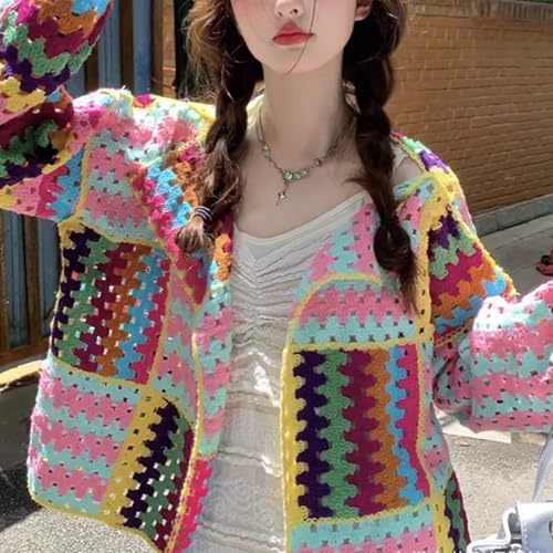 CORIRESHA Women's Boho Crochet Colorful Cardigan Open Front Long Sleeve Knit Multicolor Sweater2