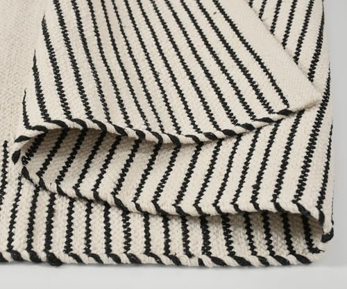 Image of SAGON 2x5 Ft Printed Runner Carpet - Cotton Bedside Rug for Bedroom & Living Room (Black Stripe Plus)