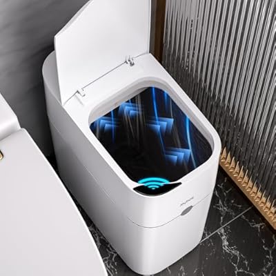 JOYBOS Motion Sensor Bathroom Trash Can with Lids, 3.5 Gallon Smart Garbage Can with Automatic Bag Expanding Function,Slim Small Trash Bin for Bedroom, Office, White