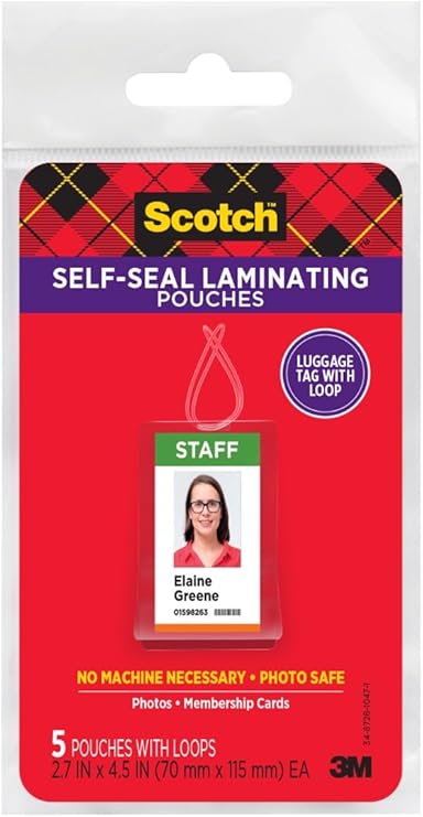 Scotch Self-Sealing Laminating Pouches, 2.8 x 4.5 Inch Luggage Tag Size, 5-Pack – No Machine Needed, Clear, Photo Safe