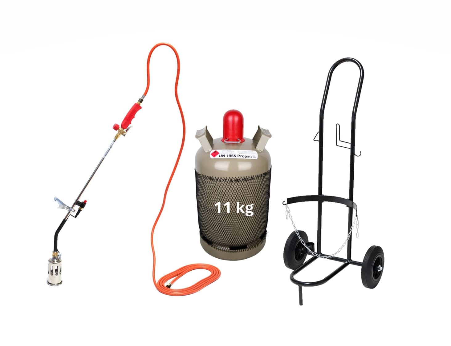 ROTHENBERGER Industrial Abflammgerät Anwärmbrenner Unkrautvernichter PREMIUM Piezo inkl. 5m Gasschlauch mit Transportwagen | Sackkarre und Propangasflasche 11 kg (leer)