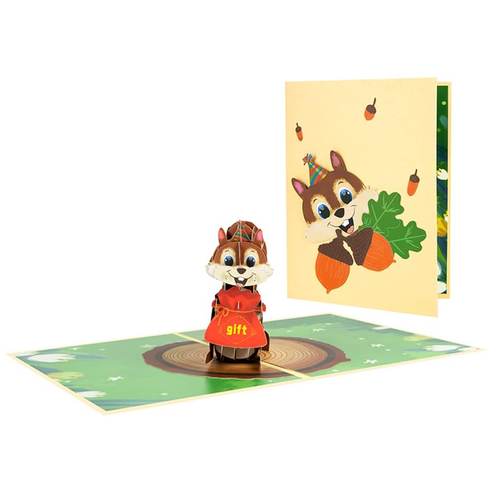 Squirrel 3D Pop Up Birthday Card with Present Bag Cute Woodland Animal Greeting Card for Thank You Friends Family Him Her Folded Card with Envelope