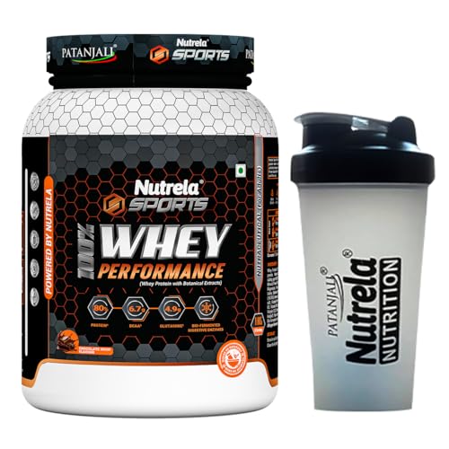 Image of NUTRELA Sports Patanjali Whey Protein 1kg with Shaker | Concentrate + Isolate | 24g Protein Per Scoop | 6.7g BCAA, 4.9g Glutamine with Digestive Enzymes for quick absorption & easy digestion | Muscle - Building & Recovery | 100% Vegetarian | Irish Chocolate