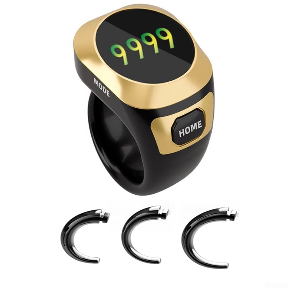 Tasbih-Zählerringe, intelligenter Tasbih-Zähler, wiederaufladbarer elektronischer digitaler Tasbih-Zählerring, wasserdichter Fingerzähler für Muslime, Gebetserinnerung(Schwarz)