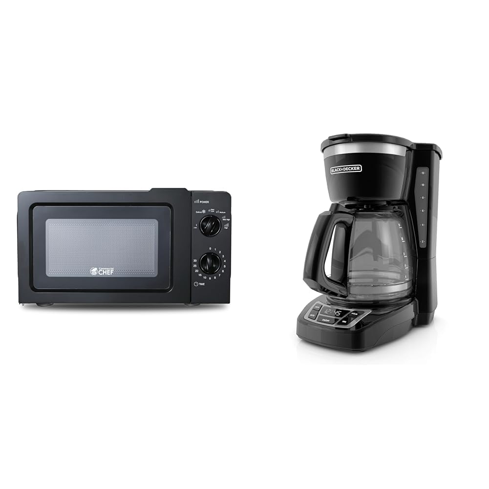 COMMERCIAL CHEF 0.6 Cubic Foot Microwave with 6 Power Levels, Small Microwave with Grip Handle & BLACK+DECKER 12-Cup Digital Coffee Maker, CM1160B, Programmable, Washable Basket Filter