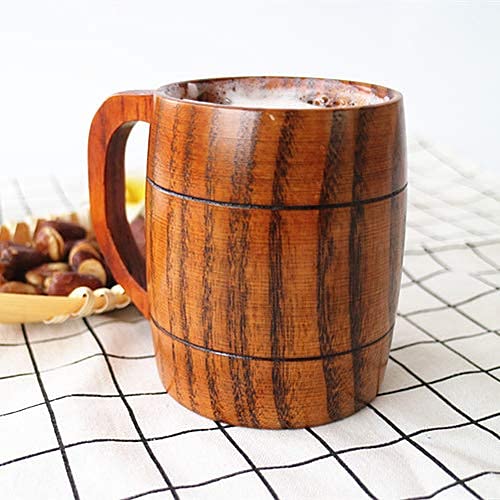 CTIGERS Vintage Wooden Beer Mugs Elegant Wood Coffee Cups with Handle 12 oz