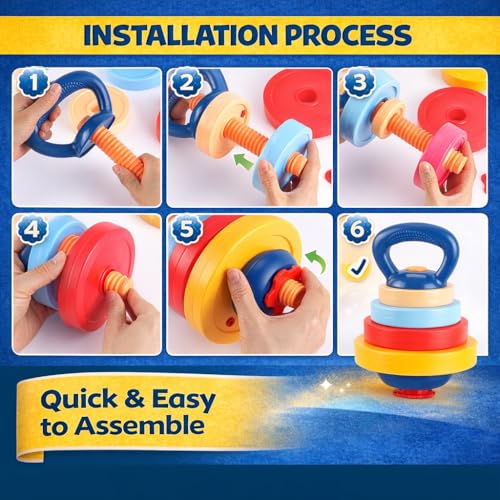 Kids Exercise Weight Set - 3-in-1 Adjustable Workout Toy Equipment for Children Pretend Play Exercise - Toddler Beginner Gym, Fitness, Weightlifting and Powerlifting (Dumbbell, Barbell, Kettlebell) - Image 5