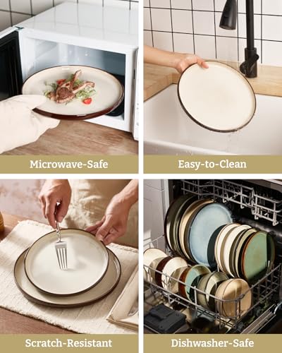 Image of Famiware Milkyway Stoneware Dinnerware Set, 24-Piece, Double Reactive Glaze, Plates and Bowls, Service for 8, Microwave and Dishwasher Safe, Scratch-Resistant, Light khaki & Cocoa