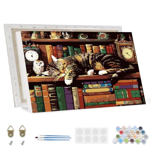 TOSTOG Malen Nach Zahlen Erwachsene mit Rahmen Kätzchen Bücherregal Acrylmalerei Set DIY Handgemalt Ölgemälde Kit Paint by Numbers Adult Beginner,Hause Dekoration Verwendet Werden 30x40cm