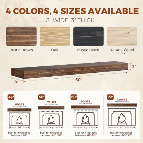 ABSWHLM 60x8x3 Fireplace Mantel - Handcrafted Hollow Rustic Solid Wood Wall Mounted Floating Shelf with Invisible Heavy Duty Wood Bracket (Weathered Brown) by ABSWHLM - Image 2