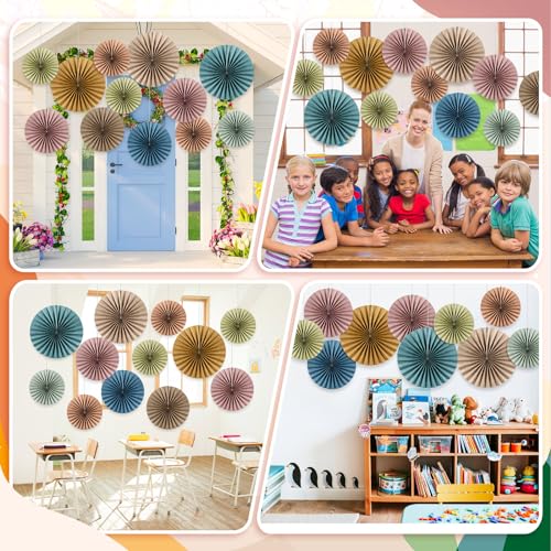 Image of 18 Pcs Boho Hanging Paper Fans Decor Back to School Paper Fans Round Garlands Bulletin Board Classroom Decorations for Birthday Classroom Neutral Baby Shower Backdrop Party Supplies