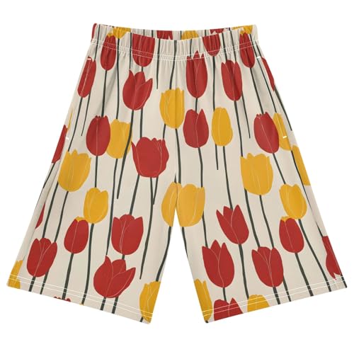 Red and Yellow Tulips Short Pajama Pants Bottoms Soft Sleepwear with Pockets
