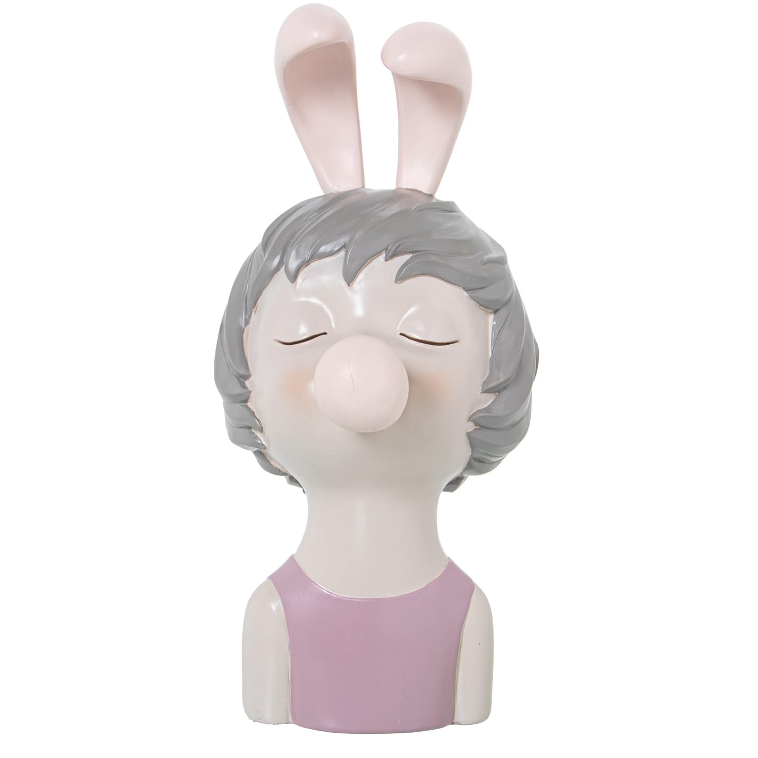 Figurine tête de fille et chewing-gum rose en résine 12x15x25cm