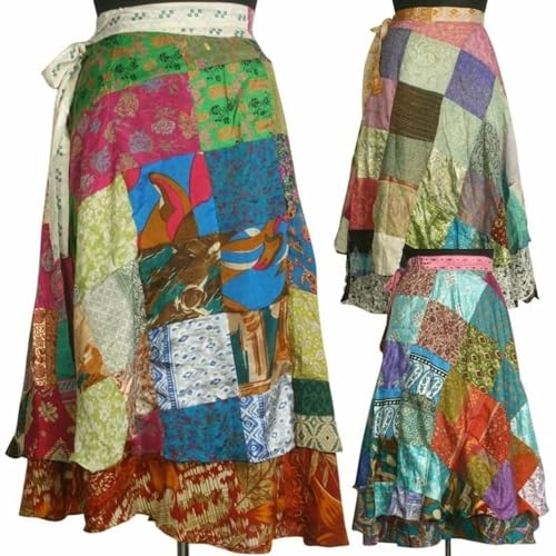 Vintage Silk Sari Patchwork Wraparound Long Skirt - Embrace Timeless Elegance Perfect for Any Occasion or Casual (Free Size -32 inch,Multicolor)2