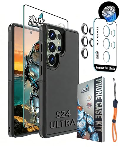 shark shadow 4 in 1 Rugged Phone Case Set for Samsung S Series, Shockproof Design [Military-Grade] with HD Screen Protector, Lens Protector, and Wrist Strap - S24 Ultra Black