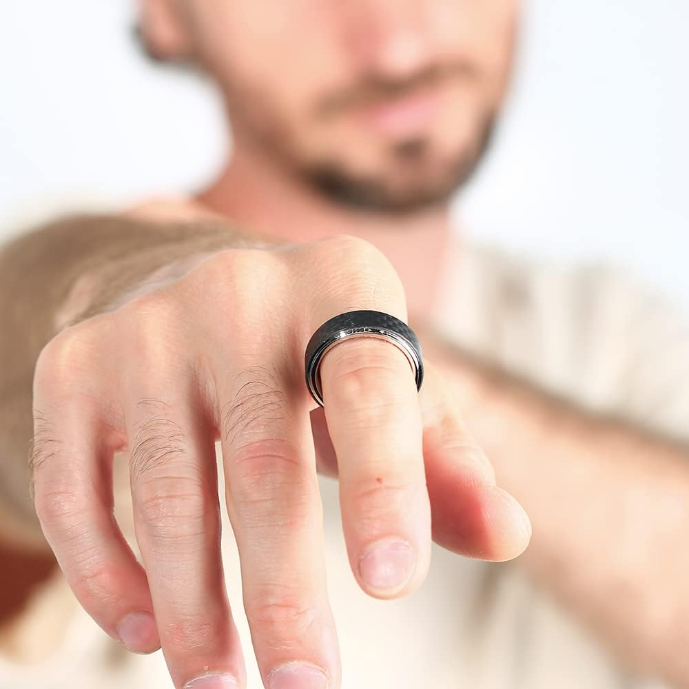 TGNEL Gray Carbon Fiber Stainless Steel Fidget Ring for Men Women, Blue/Steel Rotating Spinner Rings Band Relieving Anxiety Wedding Engagement Promise Ring Polished Inner Finish Fit Size 7-15