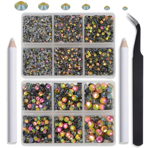 NCB Hotfix Iron on 8000pcs Crystal Rhinestones Round Gem for Crafts Decoration DIY Jewelry Making with a Tweezers and 2 Picking pens (Vitrail Medium, 6Sizes SS4-SS30)