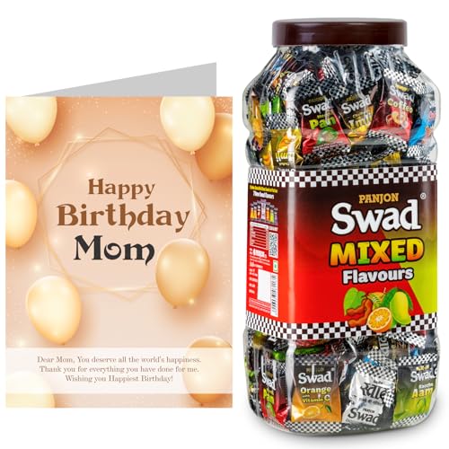 Image of Swad Happy Birthday Mom Mother Gift with Card (Swad Mixed Flavours Candy 200 Jar & 1 Greeting card) 2 units