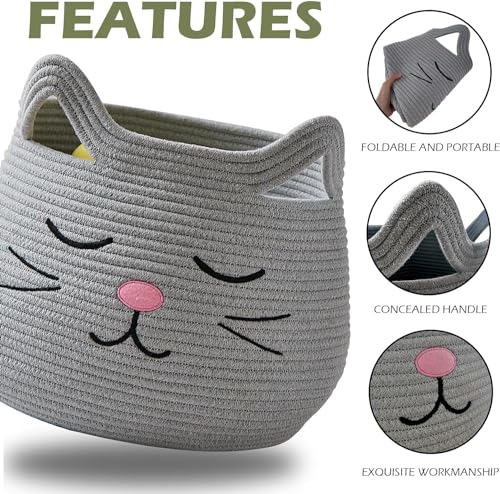 Image of ALBY Woven,Tall Wicker Laundry Basket for Blankets,Clothes,Pillows,Toys,Shoes Large Cotton Laundry Hamper for Bedroom Living Room Bathroom Nursery (15d'' x 12h'' inch, grey cat A)