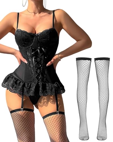 FEOYA Damen Dessous Set Spitze Bodysuit Reizwäsche Corsage Lingerie V-Ausschnitt Strumpfhalter Slip 3 Teiliges Schwarz S