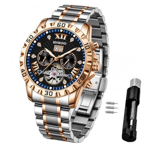 Vetra Men's Automatic Watch Luxury Diamond Skeleton Tourbillon Dial Self-Winding Mechanical Multifunctional Stainless Steel Waterproof Business Dress Wristwatch