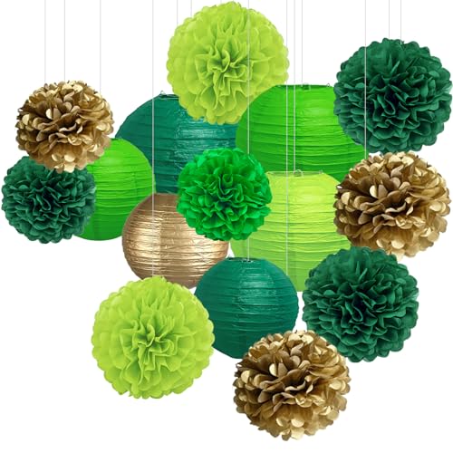 Image of KAXIXI 15-Pack Green and Gold Party Decorations, Paper Lanterns & Pom Poms