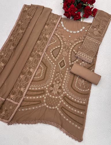 Image of RUDRAPRAYAG Women's Georgette Fabric Wih Embroidered Sequence Work And On Neck Moti Hand Work Semi Stitched Sharara Salwar Suit With Dupatta Set