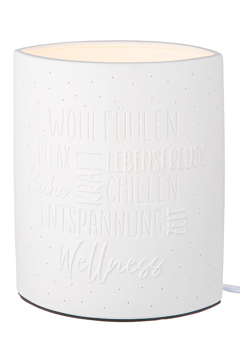 GILDE Lampada da tavolo Wellness in porcellana bianca con scritta, altezza 20,5 cm, decorazione soggiorno, camera da letto, ufficio, illuminazione