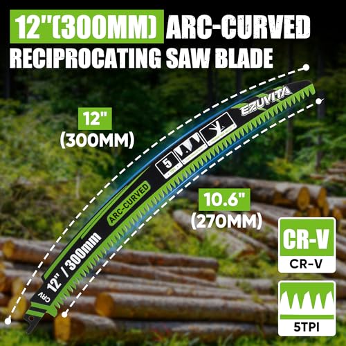 Image of 12-Inch Arc Curved Reciprocating Saw Blades Set with Storage Box | 5 Pieces, 5 TPI, CR-V Steel, Triple-Ground Teeth, Fast Clean Cuts, Universal Shank for Tree Trimming & Wood Pruning