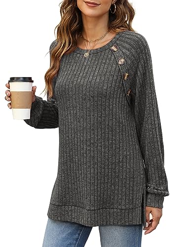 Bofell Womens Sweaters Long Sleeve Tops Lightweight Sweatshirts for Women Loose Fit Grey L