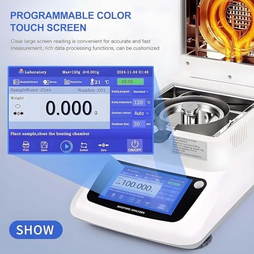 Halogen Moisture Analyzer - 5" Color Touchscreen, RS232, Precision Balance Tester, 1-99min Timer, Max 120g Measurement, Ideal for Laboratory Use, 0.002/120g Accuracy