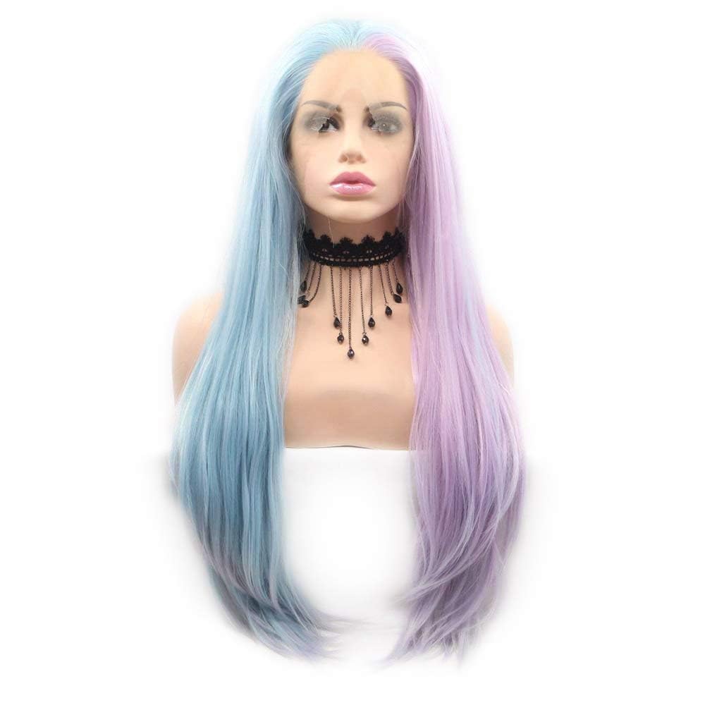 RainaHair Long Straight Half Blue Half Purple Wig Synthetic Lace Front Wigs Natural Looking Pastel Wig Hair for Women Cosplay Festival 24 Inches