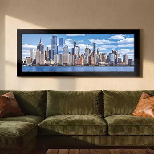 Image of PAINTINGMANTRA New York City Skyline Sea View Wall Art Framed Luxury Paintings for Home Decoration, Living room, Bedroom and Office Decoration (99x38 CM)