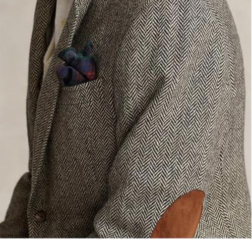 Men's Herringbone Tweed Blazer with Elbow Patches Vintage 2 Button Slim Fit Classic Business Suit Jacket4
