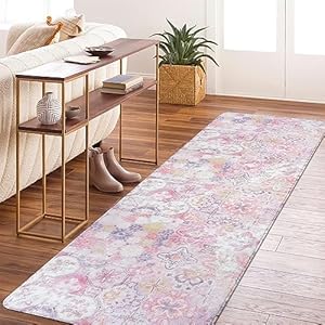 Lahome Boho Washable Pink Runner Rug – 2×6 Rugs Runners for Hallway Non-Slip Throw Non Skid Kitchen Runner Bedroom Rugs, Floral Distressed Print Capet Runner for Nursery Bathroom Entryway Laundry Room